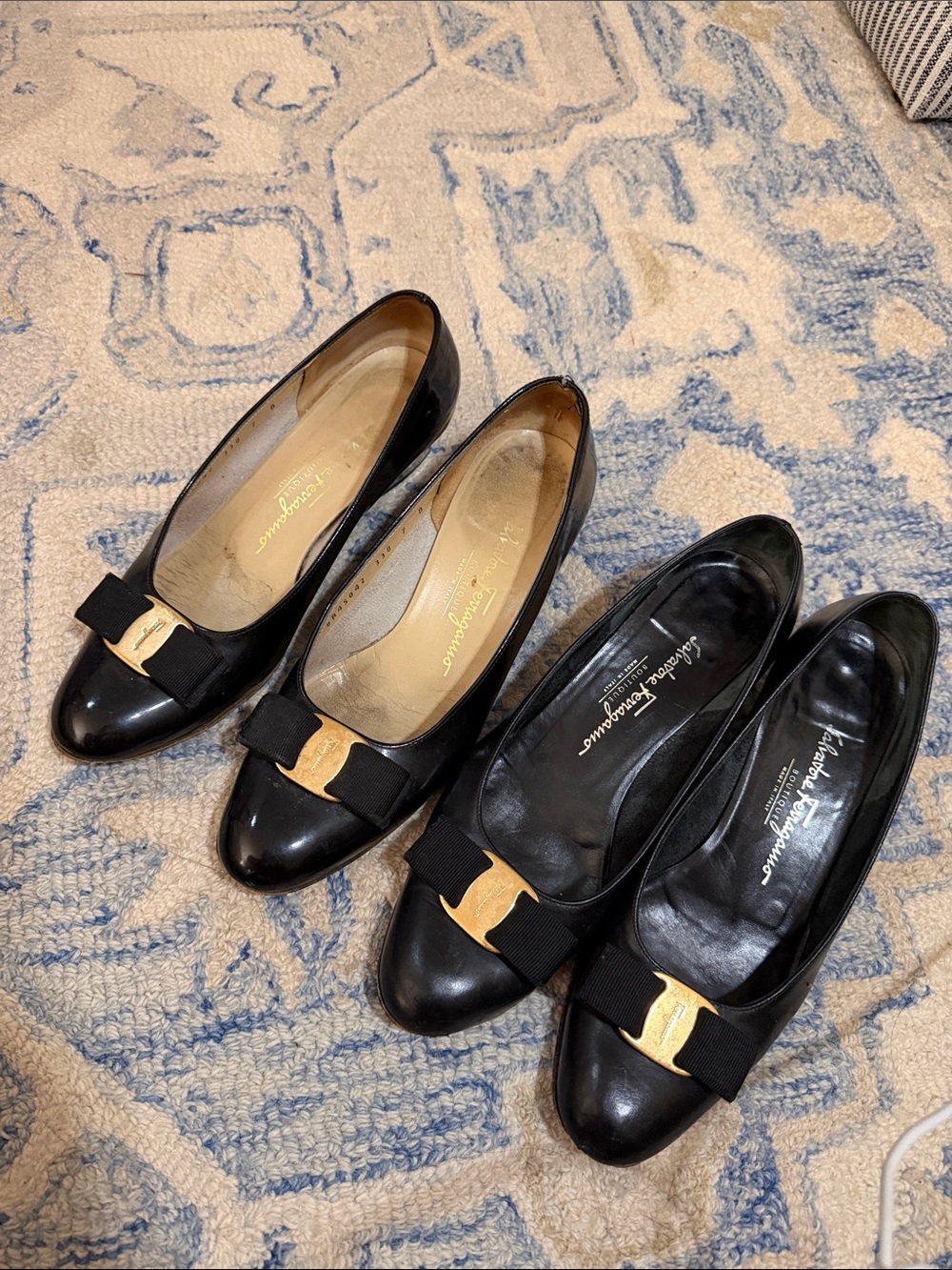 2 pairs! Salvatore Ferragamo Black Vara Bow Leather Flats with Gold Hardware